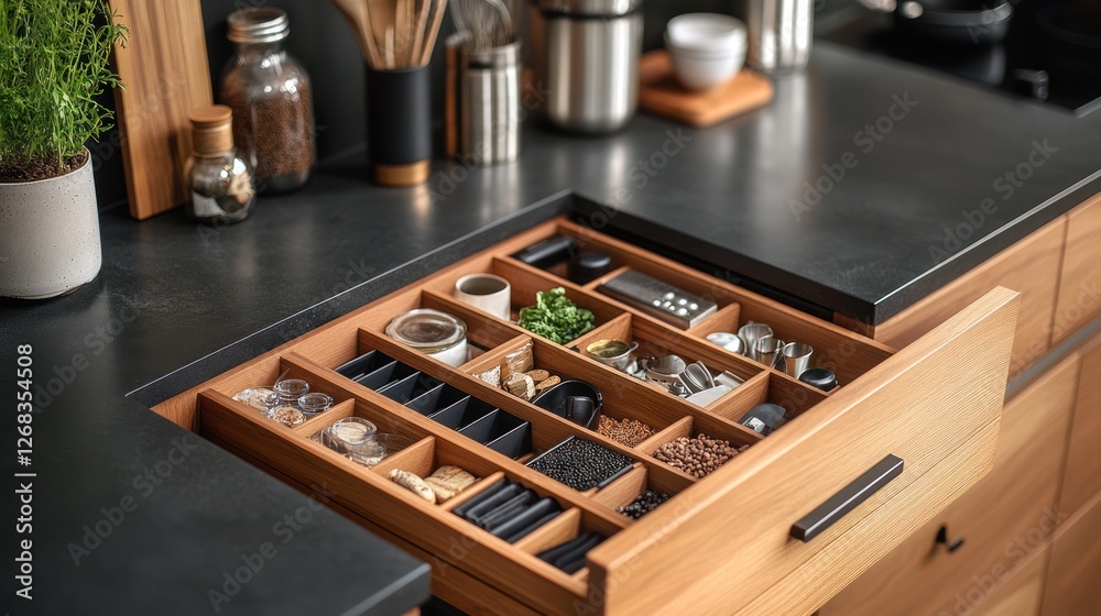 Organized kitchen drawer, spices, utensils, modern kitchen, countertop Organized kitchen drawer, spices, utensils, modern kitchen, countertop
