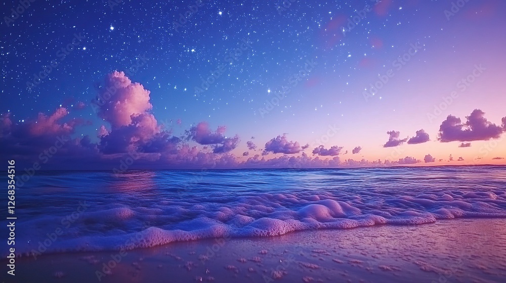 Fototapeta premium Tranquil ocean sunset, starry night sky, beach waves, peaceful scene, travel
