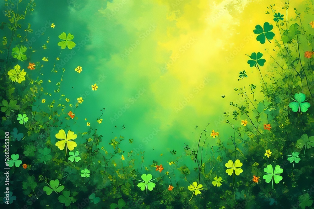 Vibrant Green Floral Background with Clovers and Flowers Vibrant Green Floral Background with Clovers and Flowers