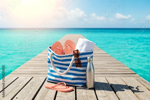A striped beach bag rests on a wooden pier, with flip-flops, sunglasses, and a water bottle set against a serene turquoise ocean.