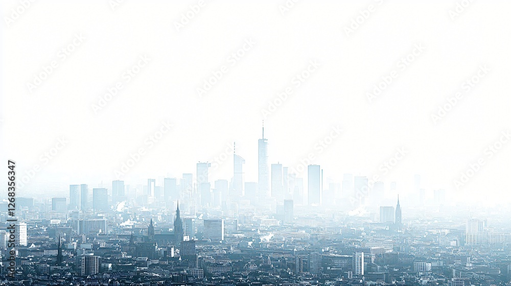 Hazy cityscape skyline, distant view, urban sprawl, atmospheric perspective, travel brochure Hazy cityscape skyline, distant view, urban sprawl, atmospheric perspective, travel brochure