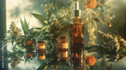 Aromatic Plant Extracts with Amber Bottles and Green Botanicals