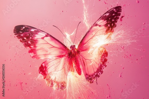 A pink butterfly is exploding into shimmering light particles