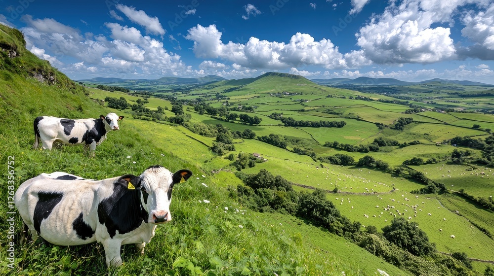 Fototapeta premium Black and white cows stand on a lush green hillside overlooking a scenic rural valley.