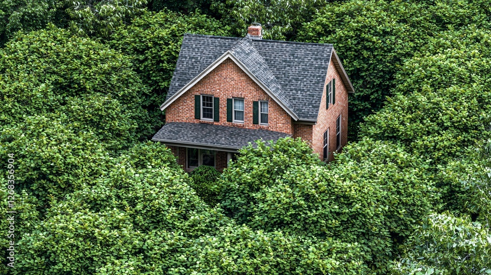 Hidden brick house in lush forest; aerial view Hidden brick house in lush forest; aerial view