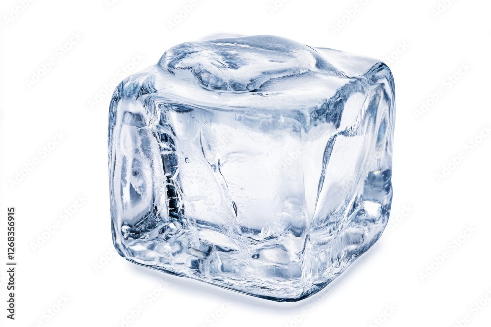 Single ice cube, frozen water, studio shot, white background, beverage cooling Single ice cube, frozen water, studio shot, white background, beverage cooling