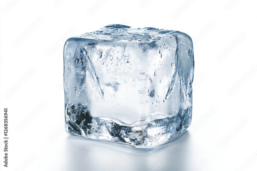 Obraz premium Single ice cube melting, studio shot, white background, beverage cooling
