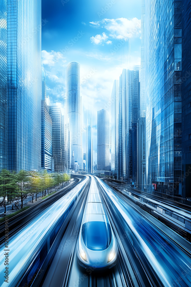 Fototapeta premium A futuristic train glides through a modern cityscape, showcasing sleek architecture and advanced technology under a bright sky.