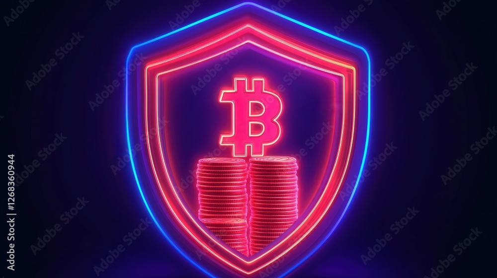Fototapeta premium Neon style shield icon with a stack of coins, signifying the need for robust financial protection and wealth safeguarding.