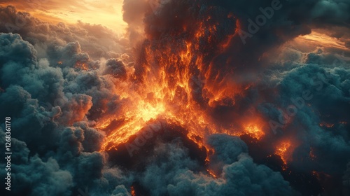 Wallpaper Mural Fiery volcanic eruption amidst dark clouds, sunset backdrop, apocalyptic scene Torontodigital.ca