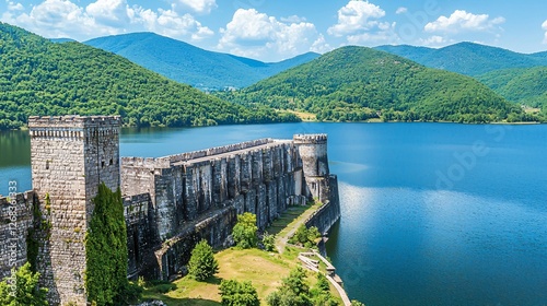 Lakefront medieval castle, summer day, green hills. Travel photography