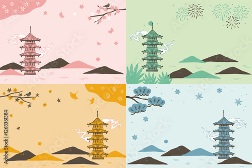 Set of japanese pagoda with beautiful seasonal landscape background illustration.