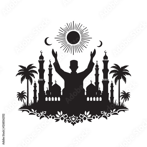 Assalamu alaikum islamic Silhouette Vector Illustration, Solid White Background.