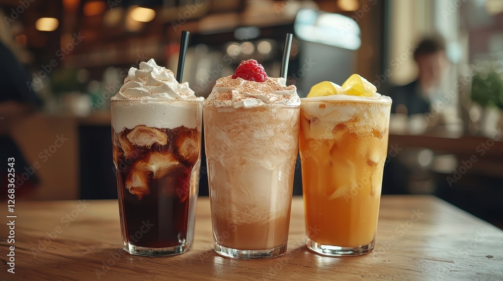 Refreshing Beverage Selection with Cream Topping and Fruit Garnish Refreshing Beverage Selection with Cream Topping and Fruit Garnish