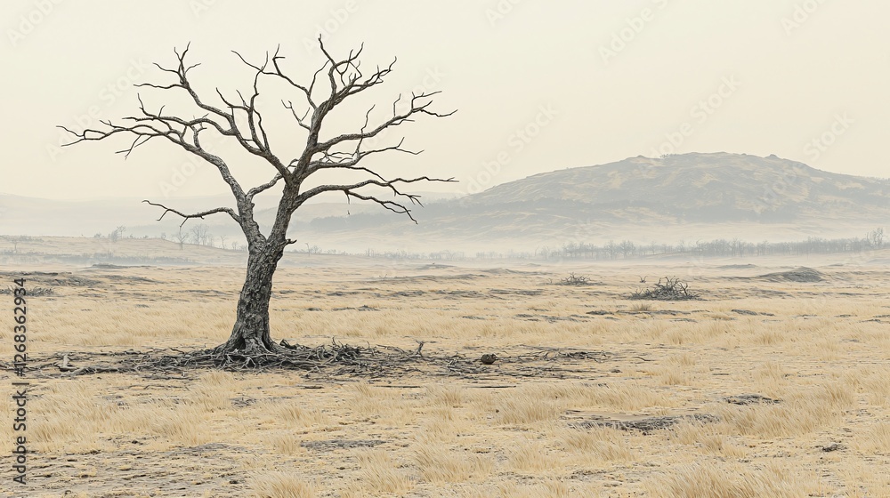 Lone dead tree in arid landscape, hazy hills Lone dead tree in arid landscape, hazy hills