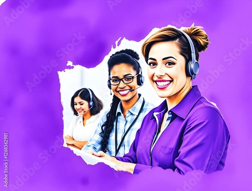 Fluid brushstrokes and translucent watercolor washes in deep ultraviolet hues depict a diverse call center representative smiling, shown in a split-screen or collage interacting with customers from.. photo