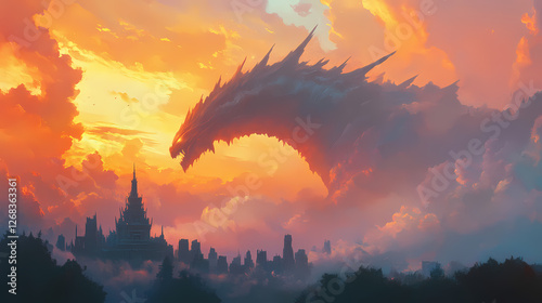 Leviathan rises at sunset over ancient city. Cloudborn Leviathans. Illustration