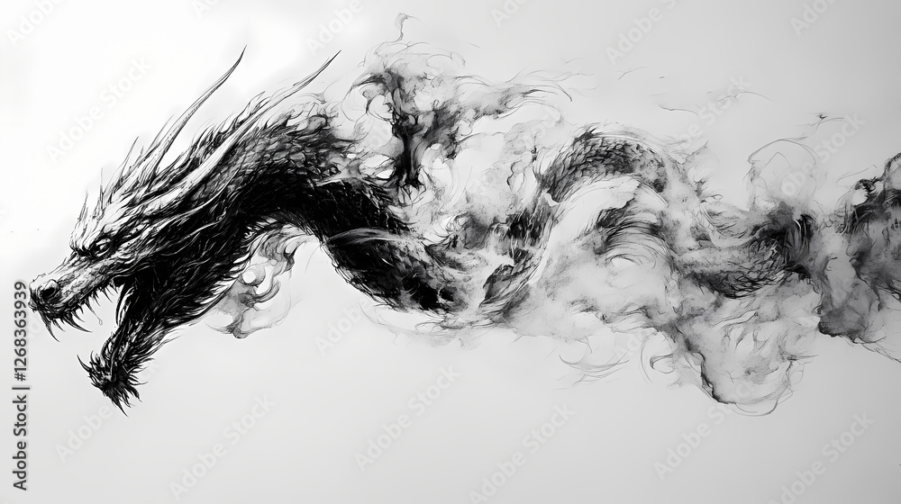 Smoke dragon a sideways glimpse of a ferocious beast emerging from a black and white ink cloud tribal. Cloudborn Leviathans. Illustration Smoke dragon a sideways glimpse of a ferocious beast emerging from a black and white ink cloud tribal. Cloudborn Leviathans. Illustration