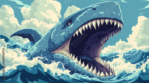 The leviathan's jaws open in a dramatic sea. Cloudborn Leviathans. Illustration