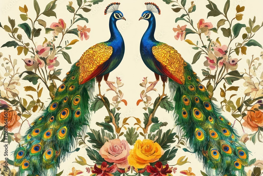 Naklejka premium Hand-drawn and hand-painted ornamental wallpaper with colorful peacocks, birds, and detailed floral botanical designs for a retro vibe.