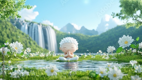 A tiny 3D detox retreat diorama, where a character practices deep breathing near a waterfall, away from distractions, symbolizing a full monk mode detox experience.  photo