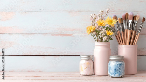 Chic Pastel Flat Lay of Artist Brushes Yellow Flowers and Paint Jars on Wooden BackgroundWooden Background photo