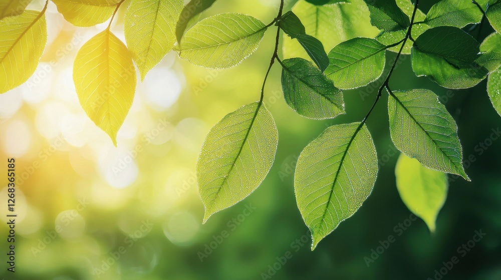 First Day of Spring concept. Captivating Close up of Glistening Green Leaves in Natural Sunlit Setting