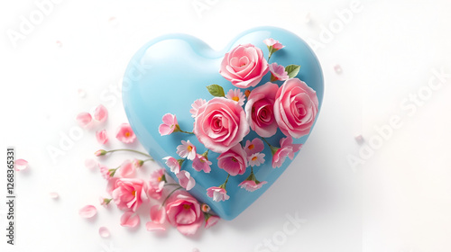 A polished 3D image of a glossy blue heart adorned with pink roses and a gentle cascade of tiny flowers, ending in petals of various hues. The white background is dotted with light pink bubbles of dif photo