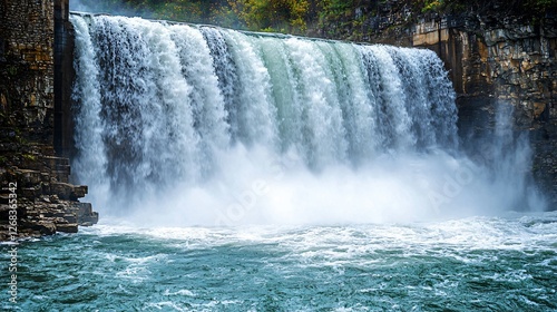 Majestic waterfall cascading over rocks, autumn foliage background