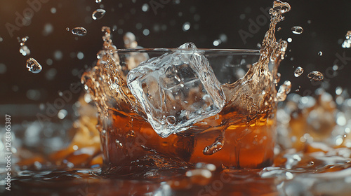 A crystal-clear ice cube shattering in slow motion