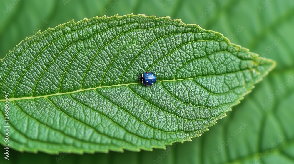 First Day of Spring concept. Closeup of a Ladybug Resting on a Vibrant Green Leaf First Day of Spring concept. Closeup of a Ladybug Resting on a Vibrant Green Leaf