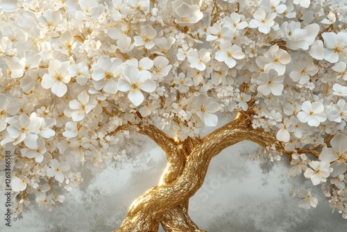 Luxurious 3D wallpaper featuring a shimmering golden tree of life with realistic white floral accents and soft textures.