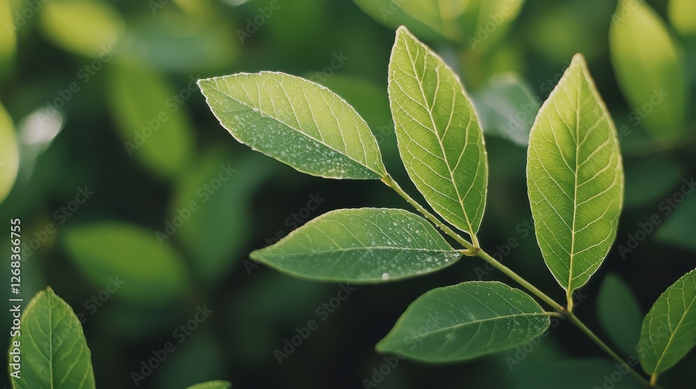 First Day of Spring concept. Lush Green Leaves with Sparkling Dewdrops Glistening in the Sunlight First Day of Spring concept. Lush Green Leaves with Sparkling Dewdrops Glistening in the Sunlight
