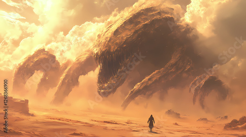 A barren desert world with colossal, shifting sand creatures whose movements create massive sandstorms. Cloudborn Leviathans. Illustration