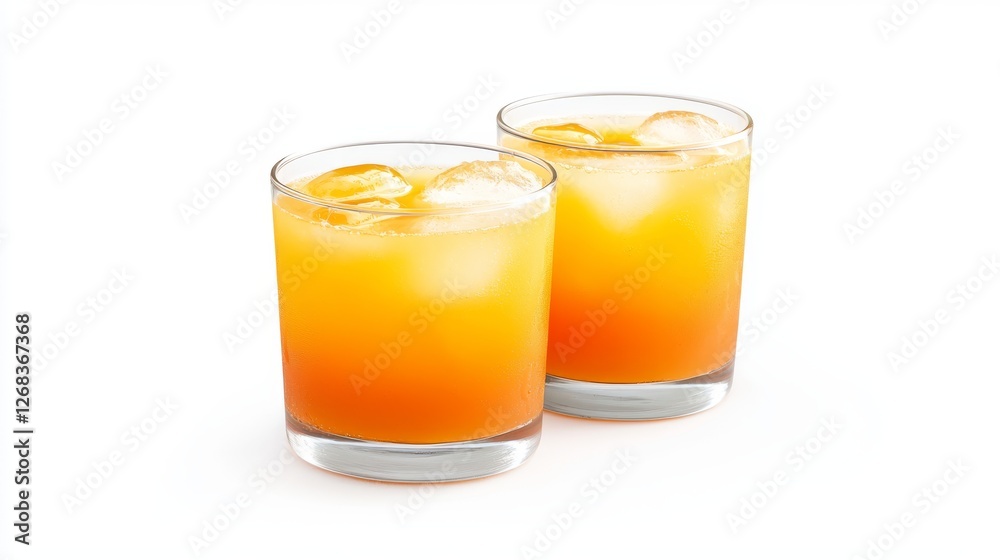 Refreshing duo, two glasses of icecold orange juice for a perfect summer day Refreshing duo, two glasses of icecold orange juice for a perfect summer day