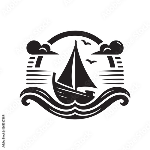 Black Color Boat silhouette design Vector Illustration, Solid White Background (13).eps