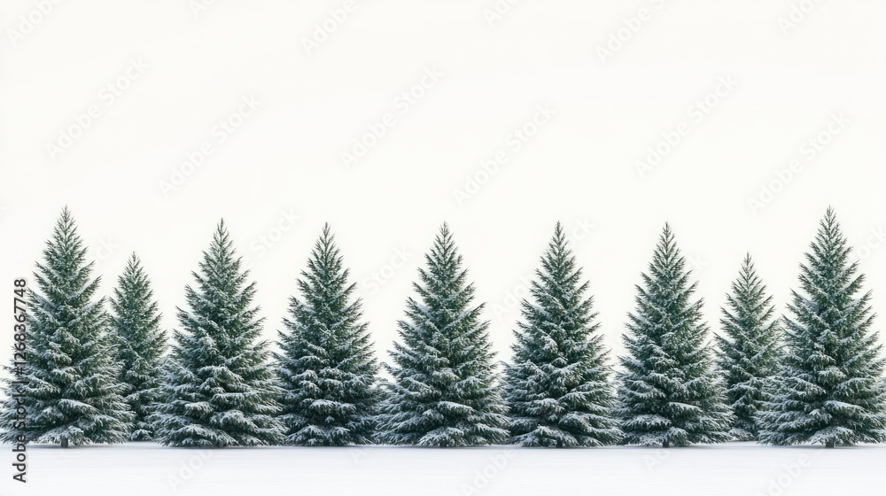 Obraz premium Snowy fir trees winter forest border, white background, holiday card