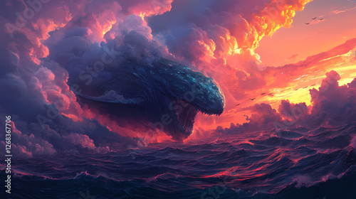 Colossal creature emerges from ocean depths at vibrant sunset. Cloudborn Leviathans. Illustration