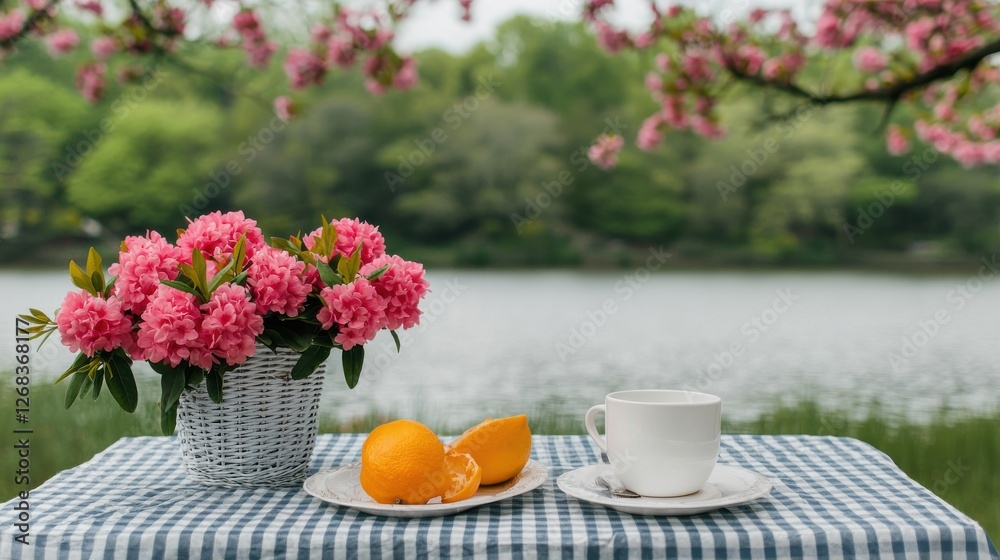 First Day of Spring concept. Scenic Picnic Setup by a Tranquil Lake with Fresh Produce and Flowers First Day of Spring concept. Scenic Picnic Setup by a Tranquil Lake with Fresh Produce and Flowers
