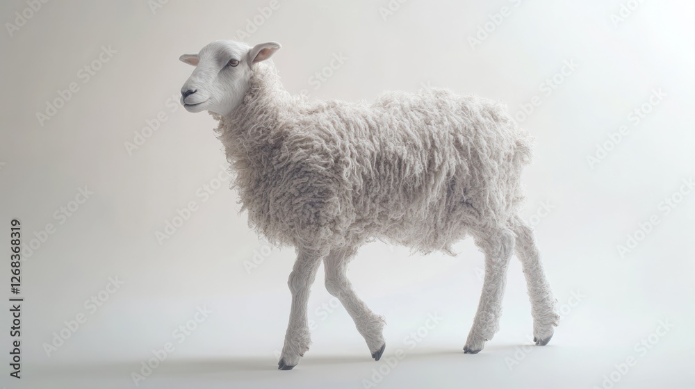 Fototapeta premium Fluffy sheep walking, studio shot, calm background, for textile ads