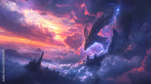 Epic sea storm fantasy landscape with leviathan monster. Cloudborn Leviathans. Illustration photo