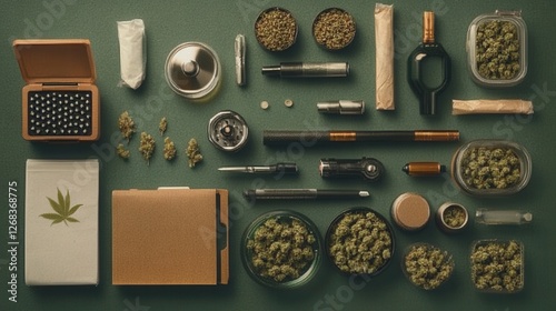 Collection of Cannabis Items and Accessories on a Green Background