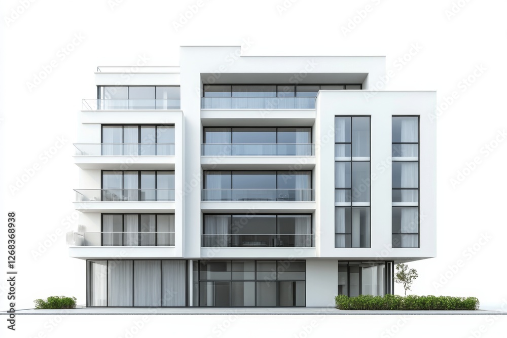 Modern white apartment building, city, isolated, rendering, real estate Modern white apartment building, city, isolated, rendering, real estate