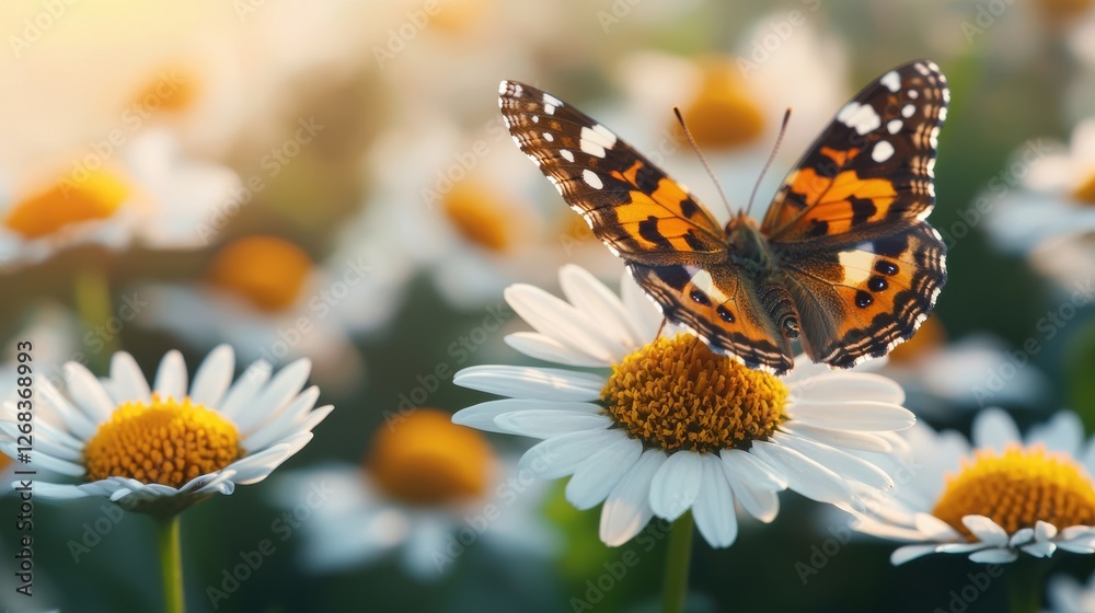 First Day of Spring concept. Vibrant Butterfly Resting on a Blooming Daisy in a Sunny Garden First Day of Spring concept. Vibrant Butterfly Resting on a Blooming Daisy in a Sunny Garden