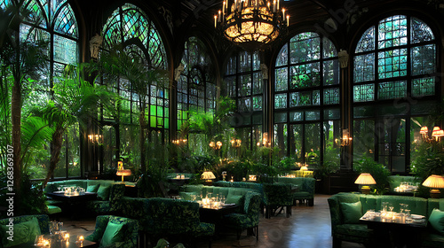 Enchanted Conservatory Restaurant Emerald Seating Lush Plants and Warm Ambiance Elegant Dining Setting