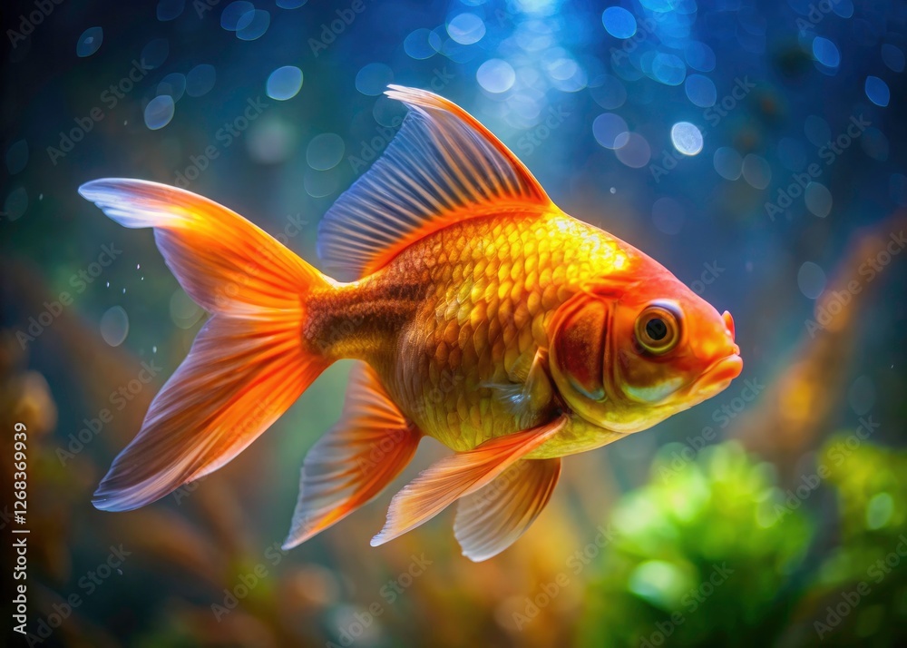 A golden pet goldfish, in its underwater world, captivates with its elegant movements in a clear fish tank. A golden pet goldfish, in its underwater world, captivates with its elegant movements in a clear fish tank.