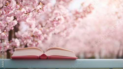 First Day of Spring concept. Woman Sitting on Park Bench Reading Book Under Blooming Cherry Blossoms photo