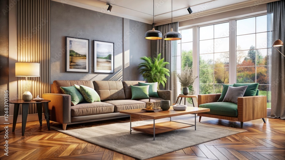 AI-powered 3D render: a stylish, cozy living room. Perfect for showcasing wall decor and interior design. AI-powered 3D render: a stylish, cozy living room. Perfect for showcasing wall decor and interior design.