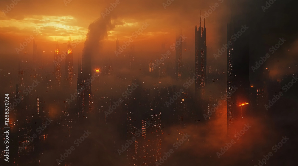 Obraz premium A dystopian city skyline filled with dark smoke rising