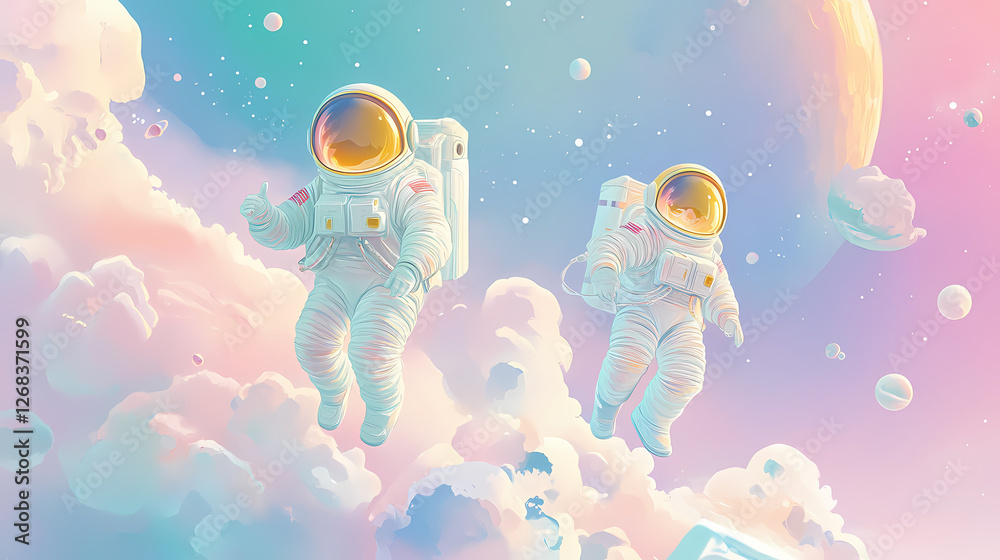 Cute astronauts in pastel dreamland - pastel colors. Dream-Bound Astronauts. Illustration Cute astronauts in pastel dreamland - pastel colors. Dream-Bound Astronauts. Illustration